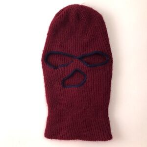 Retro Youth Burgundy Knit Ski Mask With Blue Trim
